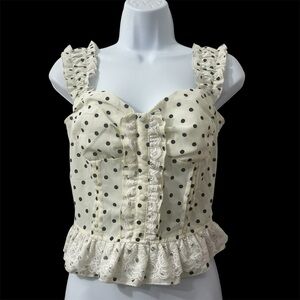 Women’s Ivory Polka Dot Corset Inspired Lace Tank Top M Coquette Feminine Retro